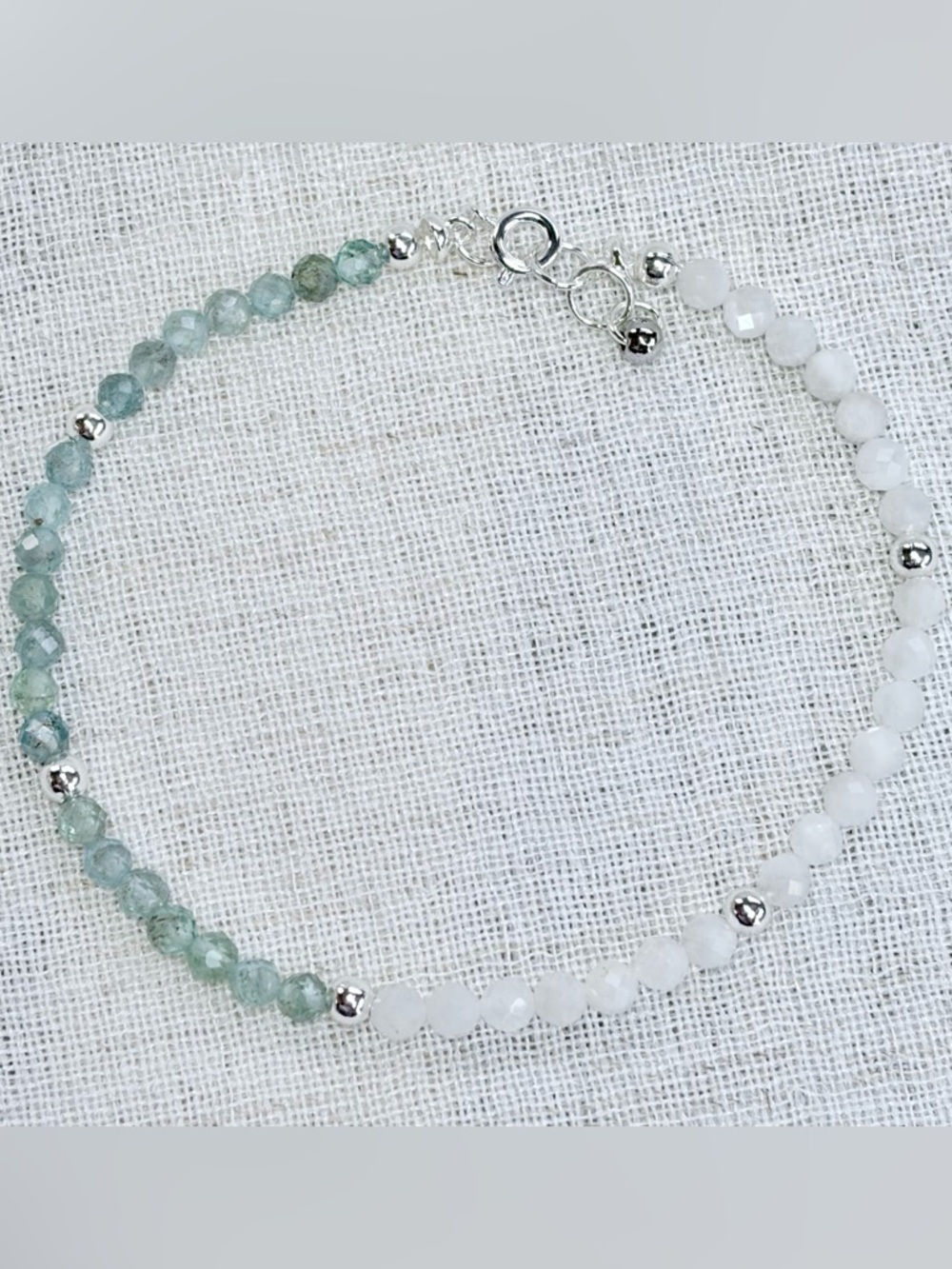 Unisex Bracelet-Aquamarine & Moonstone faceted beads,silver.Healing,balance.8”